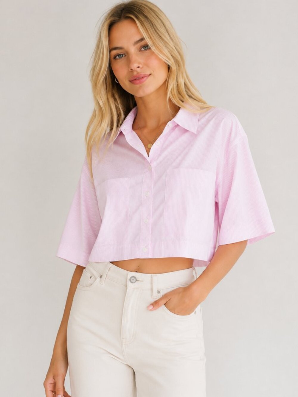 NWT Zara Pink White Striped Cropped Button Front Shirt Oversized Boxy Blouse XS